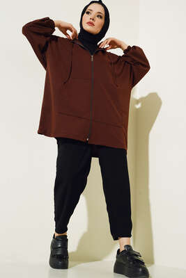 Cepli Fermuarlı Hırka Kahve - Thumbnail