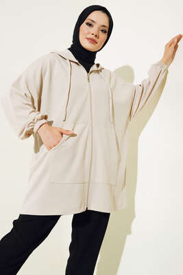 Cepli Fermuarlı Hırka Bej - Thumbnail