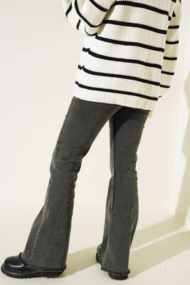 Kemer Görünümlü İspanyol Paça Jean Pantolon Füme - Thumbnail