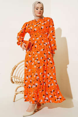 Demet Desenli Elbise Oranj - Thumbnail