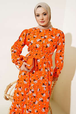 Demet Desenli Elbise Oranj - Thumbnail