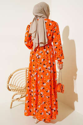 Demet Desenli Elbise Oranj - Thumbnail