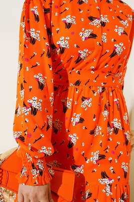 Demet Desenli Elbise Oranj - Thumbnail