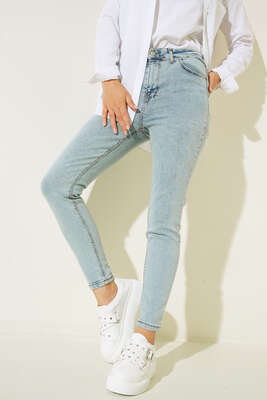 Yüksek Bel Dar Paça Pantalon Kar açık - Thumbnail