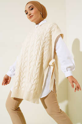 Yandan Kuşak Bağlamalı Süveter Bej - Thumbnail