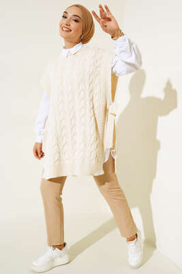 Yandan Kuşak Bağlamalı Süveter Bej - Thumbnail