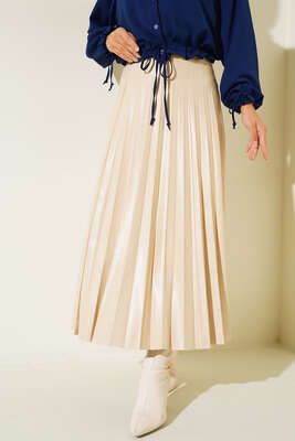 Piliseli Deri Görünüm Etek Bej - Thumbnail