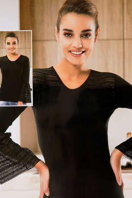 Dantelli Uzun Kol Body Siyah - Thumbnail