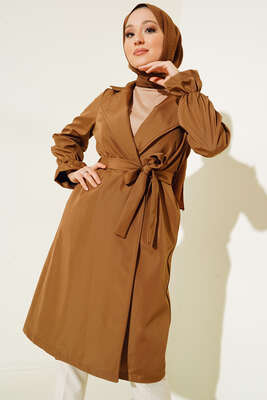 Bileği Lastikli Şal Yaka Trençkot Taba - Thumbnail