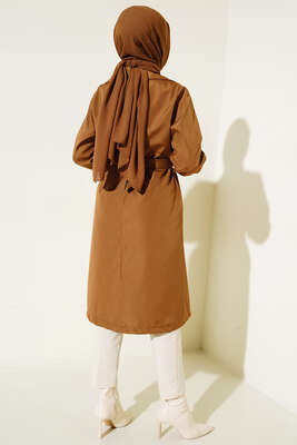 Bileği Lastikli Şal Yaka Trençkot Taba - Thumbnail