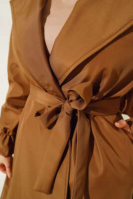 Bileği Lastikli Şal Yaka Trençkot Taba - Thumbnail