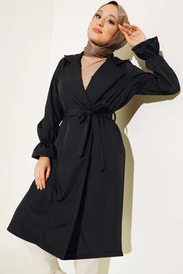 Bileği Lastikli Şal Yaka Trençkot Siyah - Thumbnail