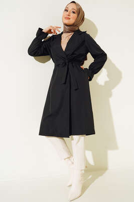 Bileği Lastikli Şal Yaka Trençkot Siyah - Thumbnail