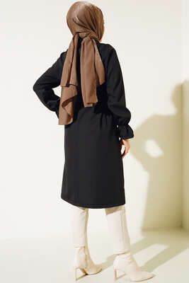 Bileği Lastikli Şal Yaka Trençkot Siyah - Thumbnail