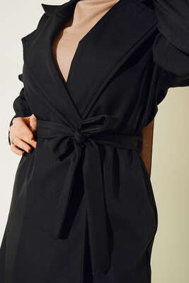 Bileği Lastikli Şal Yaka Trençkot Siyah - Thumbnail