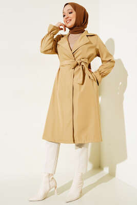 Bileği Lastikli Şal Yaka Trençkot Camel - Thumbnail