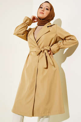 Bileği Lastikli Şal Yaka Trençkot Camel - Thumbnail