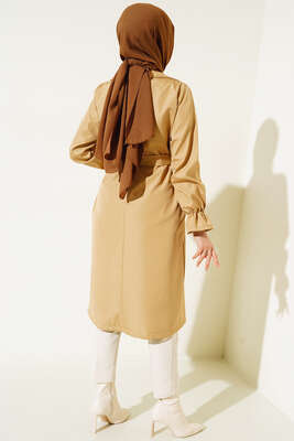 Bileği Lastikli Şal Yaka Trençkot Camel - Thumbnail