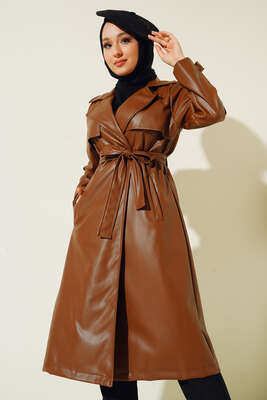 Pazarium - Tek Düğmeli Kuşaklı Deri Trençkot Taba