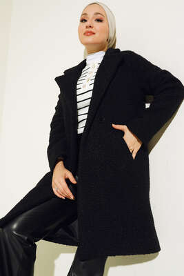 Oversize Kaşe Kaban Siyah - Thumbnail