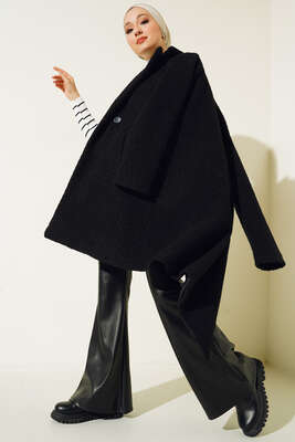 Oversize Kaşe Kaban Siyah - Thumbnail