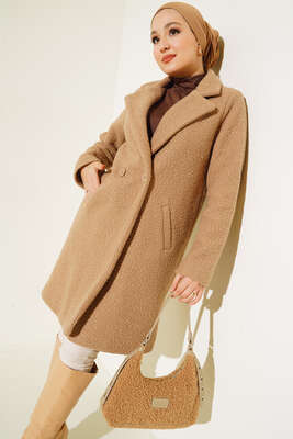 Oversize Kaşe Kaban Latte - Thumbnail