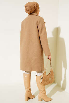 Oversize Kaşe Kaban Latte - Thumbnail