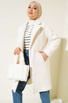 Oversize Kaşe Kaban Krem - Thumbnail