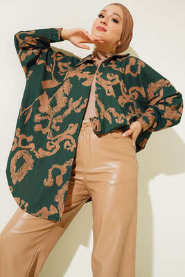 Baskılı Örme Gömlek Zümrüt Yeşil - Thumbnail