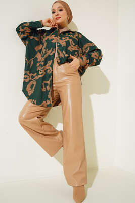 Baskılı Örme Gömlek Zümrüt Yeşil - Thumbnail