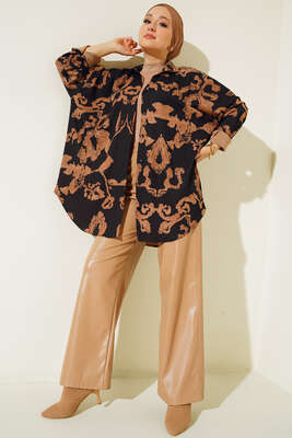 Baskılı Örme Gömlek Siyah - Thumbnail