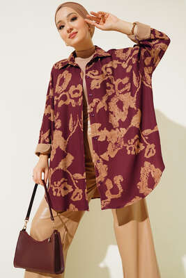 Baskılı Örme Gömlek Mürdüm - Thumbnail