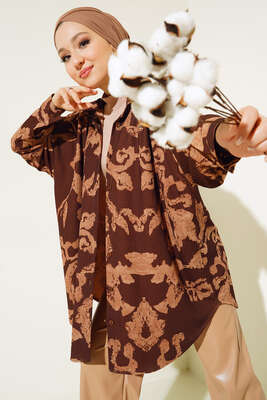 Baskılı Örme Gömlek Kahve - Thumbnail