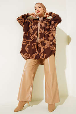 Baskılı Örme Gömlek Kahve - Thumbnail