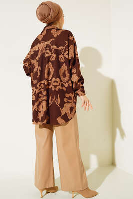 Baskılı Örme Gömlek Kahve - Thumbnail