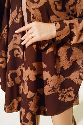 Baskılı Örme Gömlek Kahve - Thumbnail