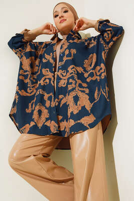 Baskılı Örme Gömlek İndigo - Thumbnail