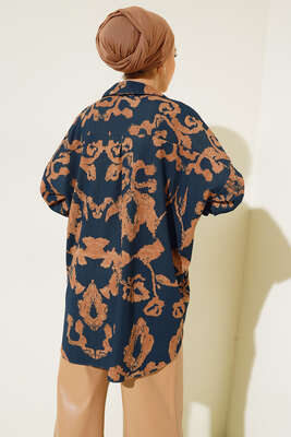 Baskılı Örme Gömlek İndigo - Thumbnail