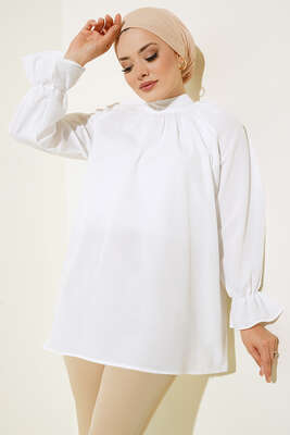 Hakim Yaka Büzgülü Tunik Beyaz - Thumbnail
