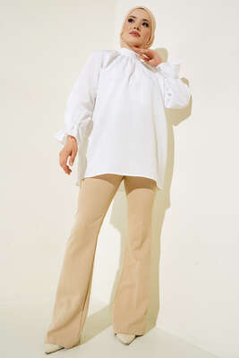 Hakim Yaka Büzgülü Tunik Beyaz - Thumbnail