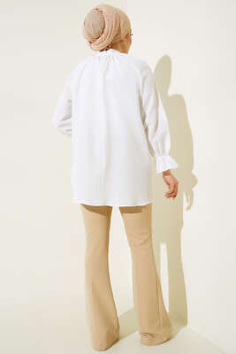Hakim Yaka Büzgülü Tunik Beyaz - Thumbnail
