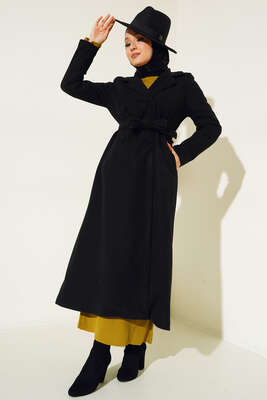 Yan Cepli Düğmeli Uzun Kaşe Kaban Siyah - Thumbnail