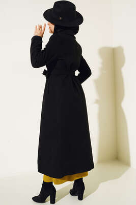 Yan Cepli Düğmeli Uzun Kaşe Kaban Siyah - Thumbnail