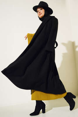 Yan Cepli Düğmeli Uzun Kaşe Kaban Siyah - Thumbnail