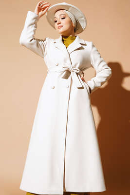 Yan Cepli Düğmeli Uzun Kaşe Kaban Krem - Thumbnail