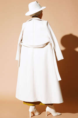 Yan Cepli Düğmeli Uzun Kaşe Kaban Krem - Thumbnail