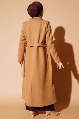 Yan Cepli Düğmeli Uzun Kaşe Kaban Camel - Thumbnail