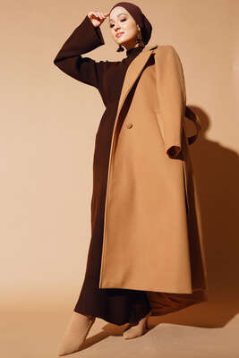 Yan Cepli Düğmeli Uzun Kaşe Kaban Camel - Thumbnail