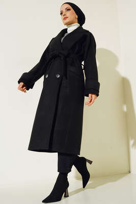 İki Cepli Uzun Kaşe Kaban Siyah - Thumbnail