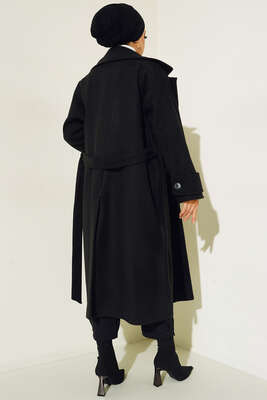 İki Cepli Uzun Kaşe Kaban Siyah - Thumbnail